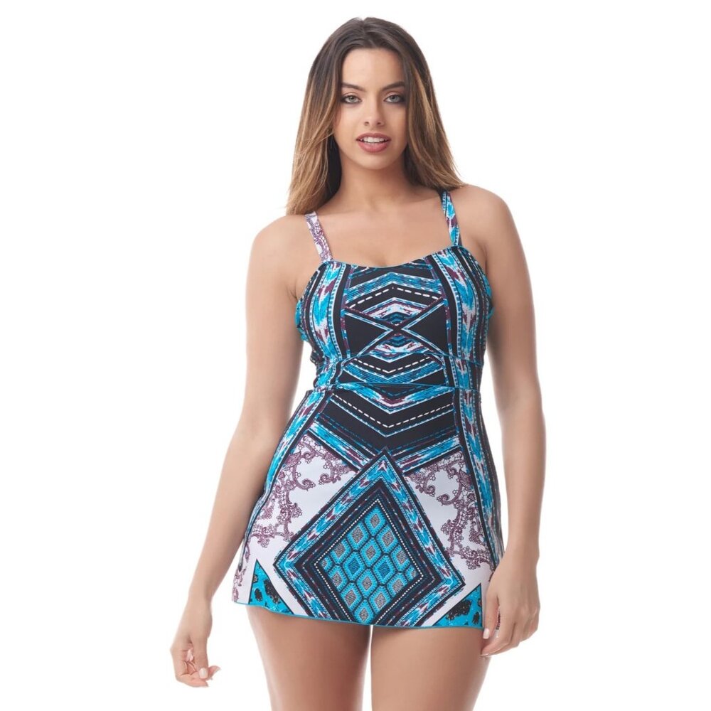 Sea & Sand Beachwear Swimdress Molded Cups Geometric Blue White 10